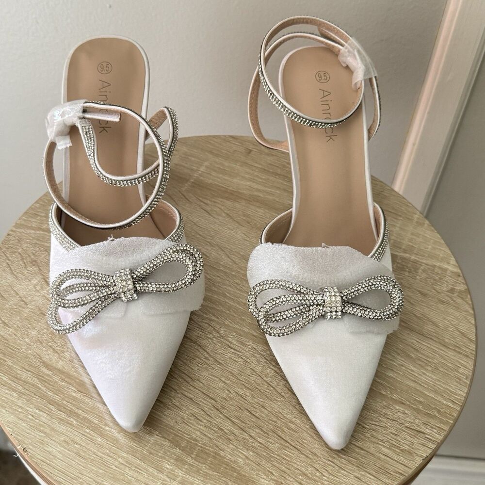 Pointed Toe Satin Wedding Shoes for Bride White High Heels Rhinestones Size 9.5 - Picture 9 of 16